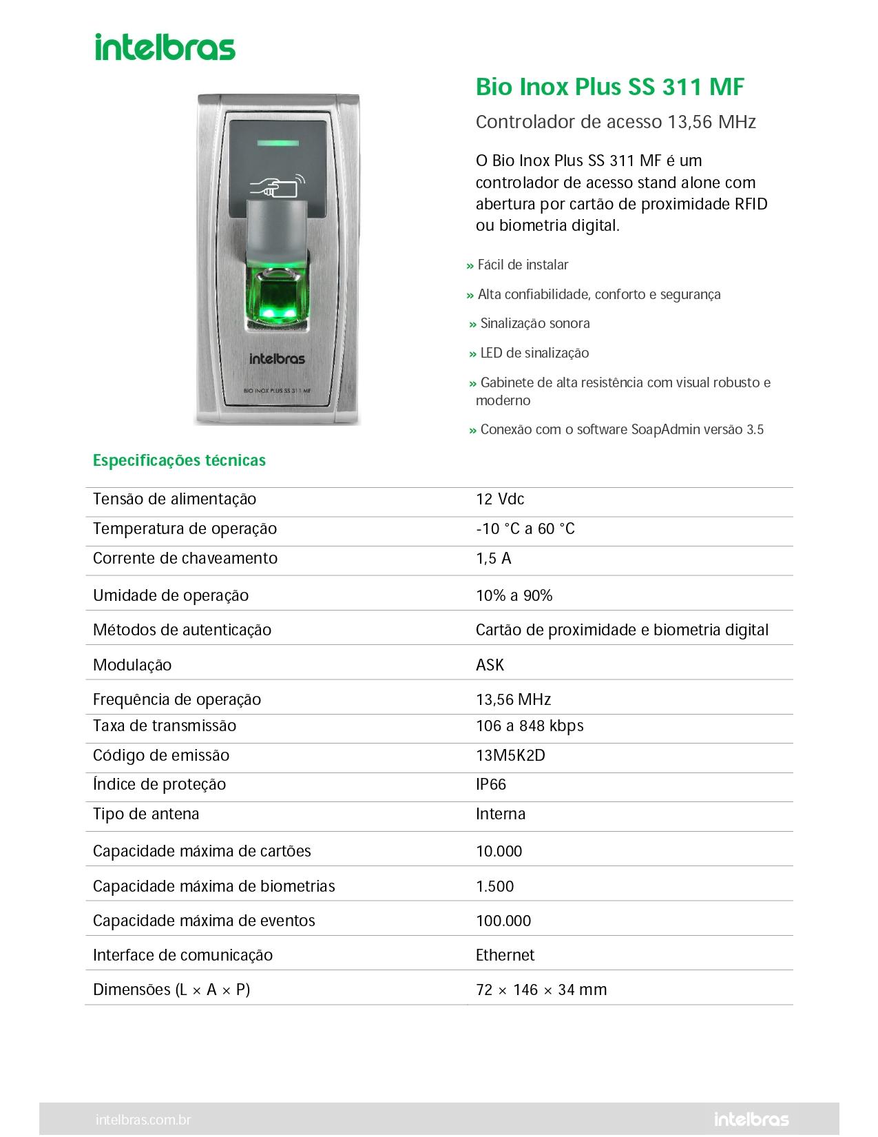 CONTROLADOR DE ACESSO BIO INOX PLUS SS 311 