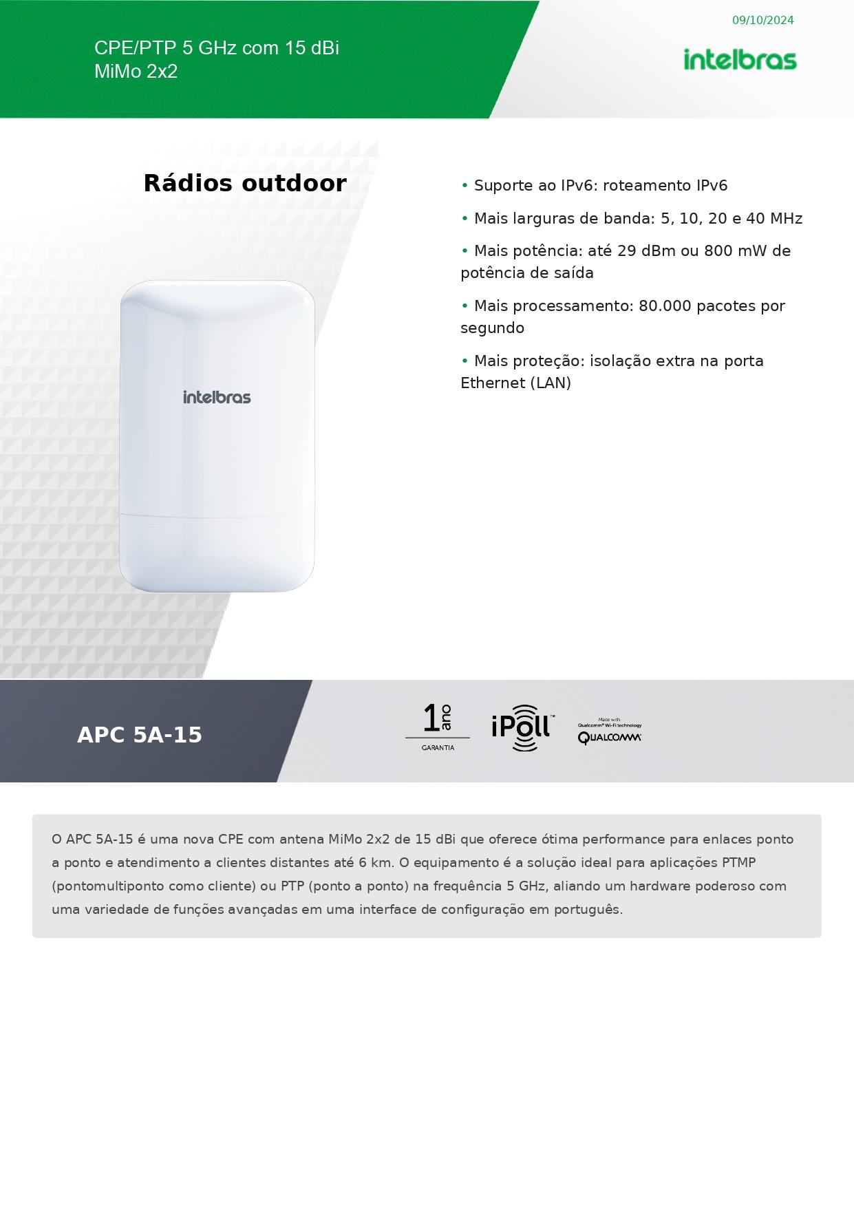 CPE/PTP 5 GHz com 15 dBi MiMo 2x2
